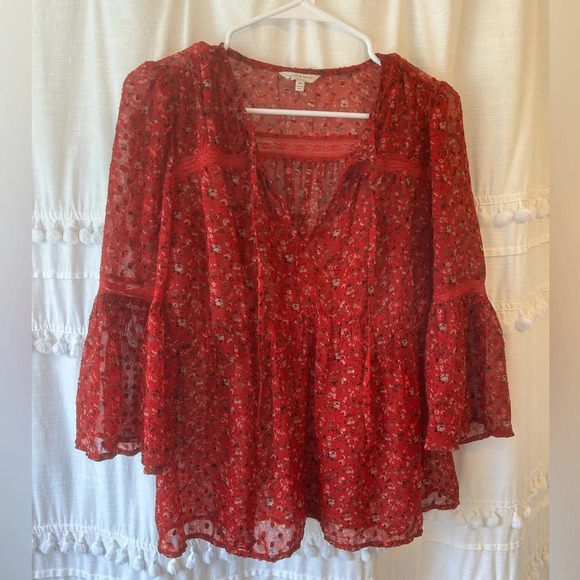 Lucky Brand Tops - Lucky Brand Floral Top sheer red Size M